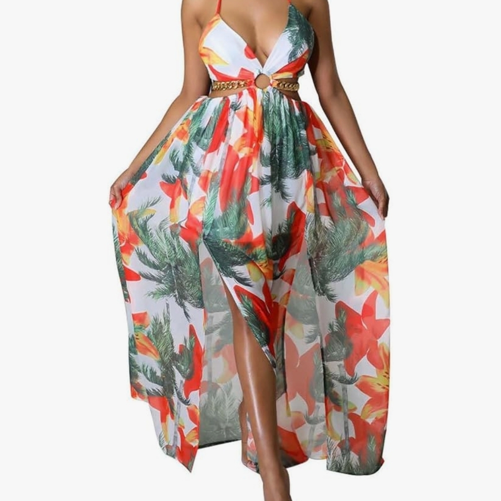 Women's Floral Print Chain Decor Split Tropical Floral Maxi Dress